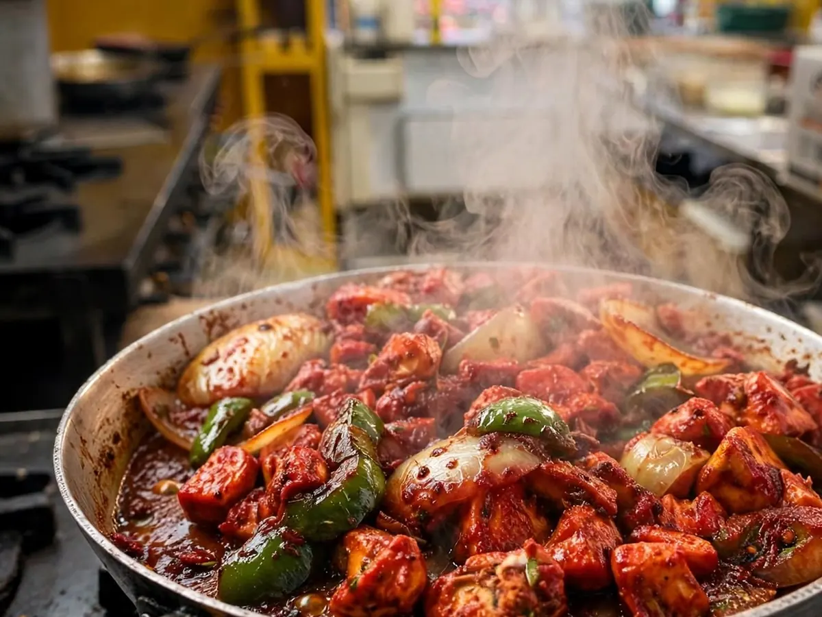 A pan of chicken, peppers and onions steaming on the flame