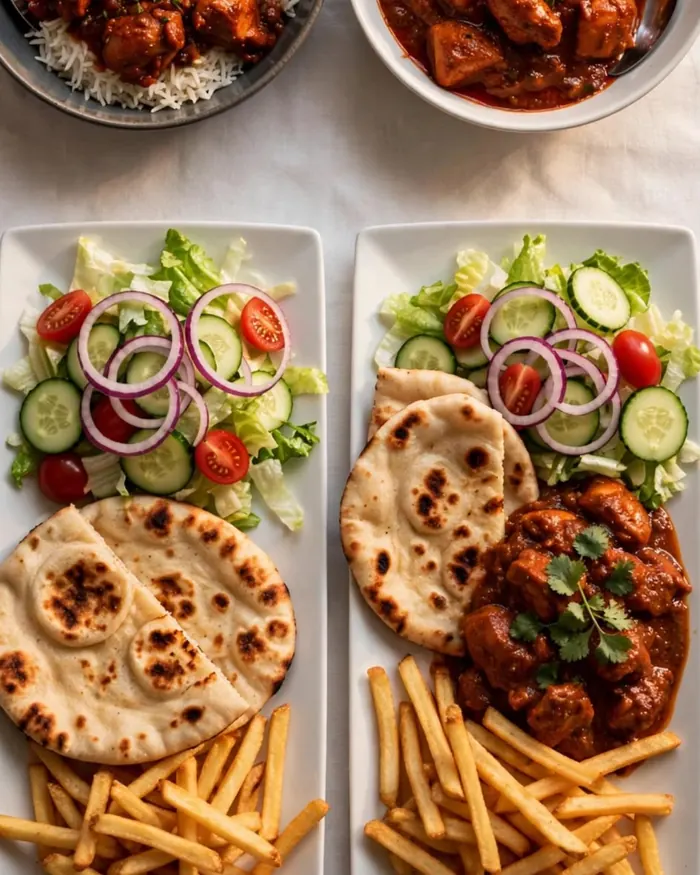 Two meals with curry, naan, chips and salad